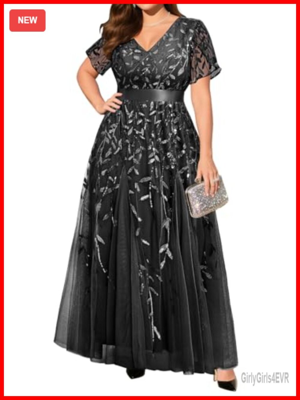 Plus Size Formal Sequin Embroidery Tulle Prom Evening Long Dress